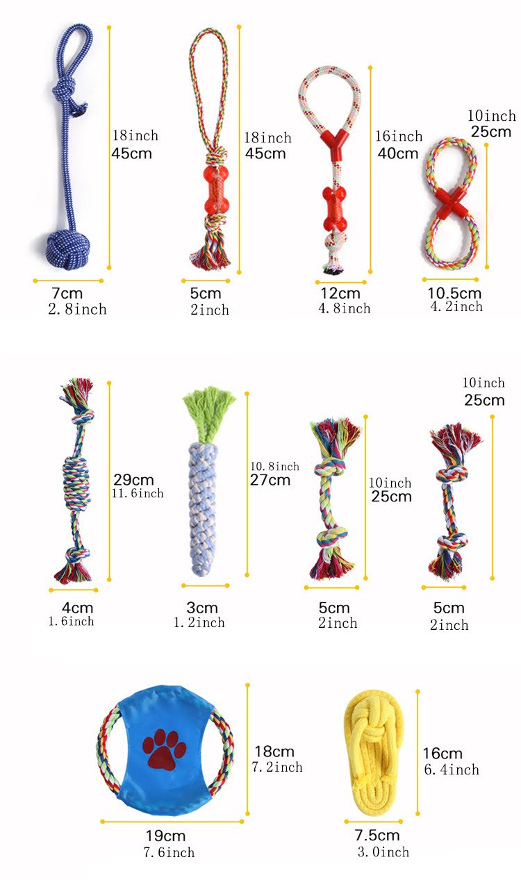 10 PCS ASSORTED BRAIDED COTTON ROPE DOG CHEW TOYS