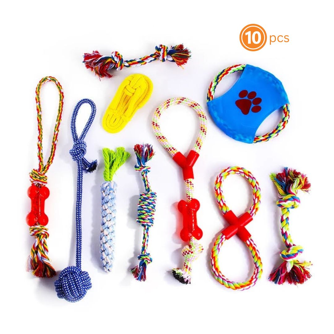 10 PCS ASSORTED BRAIDED COTTON ROPE DOG CHEW TOYS